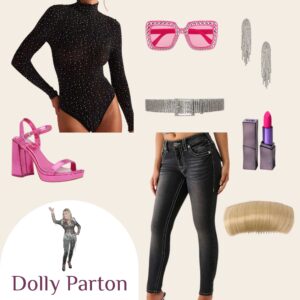Dolly Parton Halloween costume with sparkly black bodysuit, pink heels, rhinestone sunglasses, and blonde wig. Glam, country-inspired outfit idea.