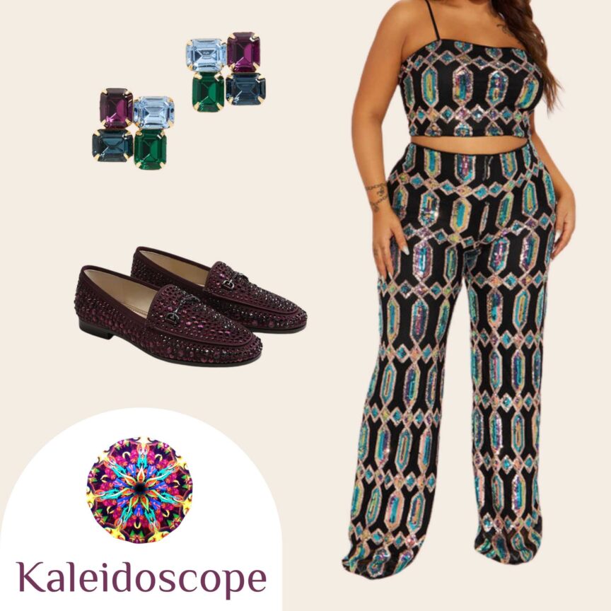 Colorful sequin two-piece Halloween costume with geometric pattern, jewel tones, and gemstone accessories. Unique kaleidoscope outfit idea.