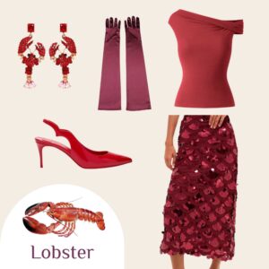 Red monochrome Halloween costume with sequin skirt, red heels, statement lobster earrings, and satin gloves. Chic lobster-inspired outfit idea.