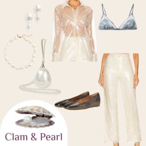 Elegant pearlescent Halloween costume with sequin pants, sheer top, pearl accessories, and metallic flats. Clam and pearl-themed outfit idea.