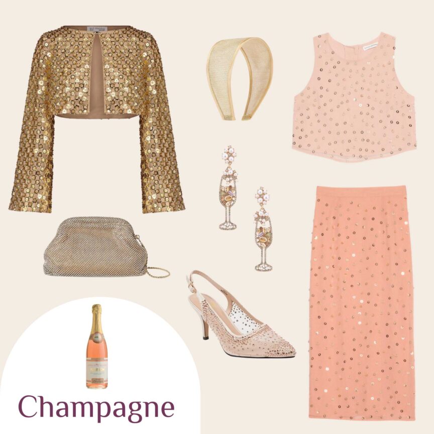 Gold and blush sequin Halloween outfit with cropped jacket, midi skirt, and champagne glass earrings. Glam champagne-inspired costume idea.