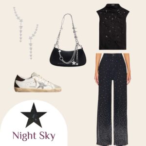 Black starry Halloween costume with rhinestone jeans, embellished top, silver accessories, and sneakers. Night sky-inspired outfit idea.