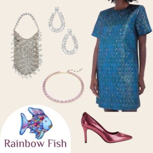 Blue and purple sequin dress Halloween costume with metallic heels and sparkly jewelry. Rainbow fish-inspired outfit idea.