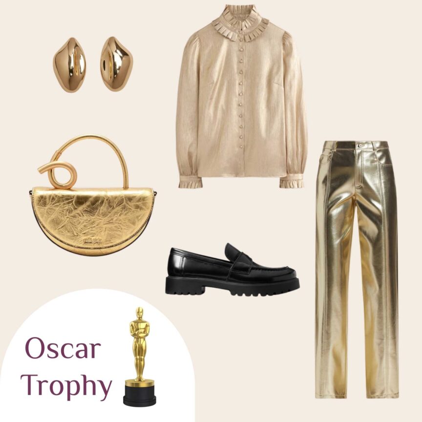 Gold metallic Halloween costume with shiny pants, ruffled blouse, and black loafers. Oscar trophy-inspired outfit idea.