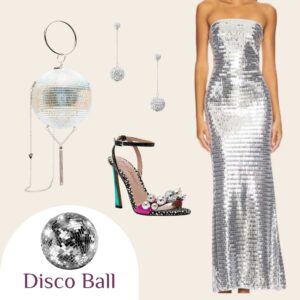 Silver sequin gown Halloween costume with disco-ball purse, rhinestone heels, and sparkly earrings. Disco ball-inspired party look.