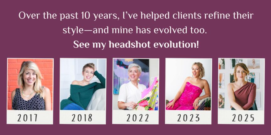 A decade of professional headshots showing Marisol Colette’s personal style evolution from 2017 to 2025, reflecting her growth as a fashion stylist and entrepreneur.