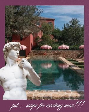 Graphic of marble statue and villa that says "pst I have exciting news"