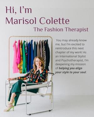 Graphic of Marisol sitting with colorful clothing rack that says "Hi, I'm Marisol Colette"