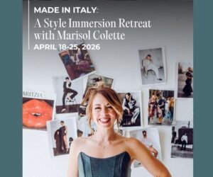 Image of Marisol in Green corset top standing in front of an image wall with white text that reads "Made in Italy, A Style Immersion Retreat"